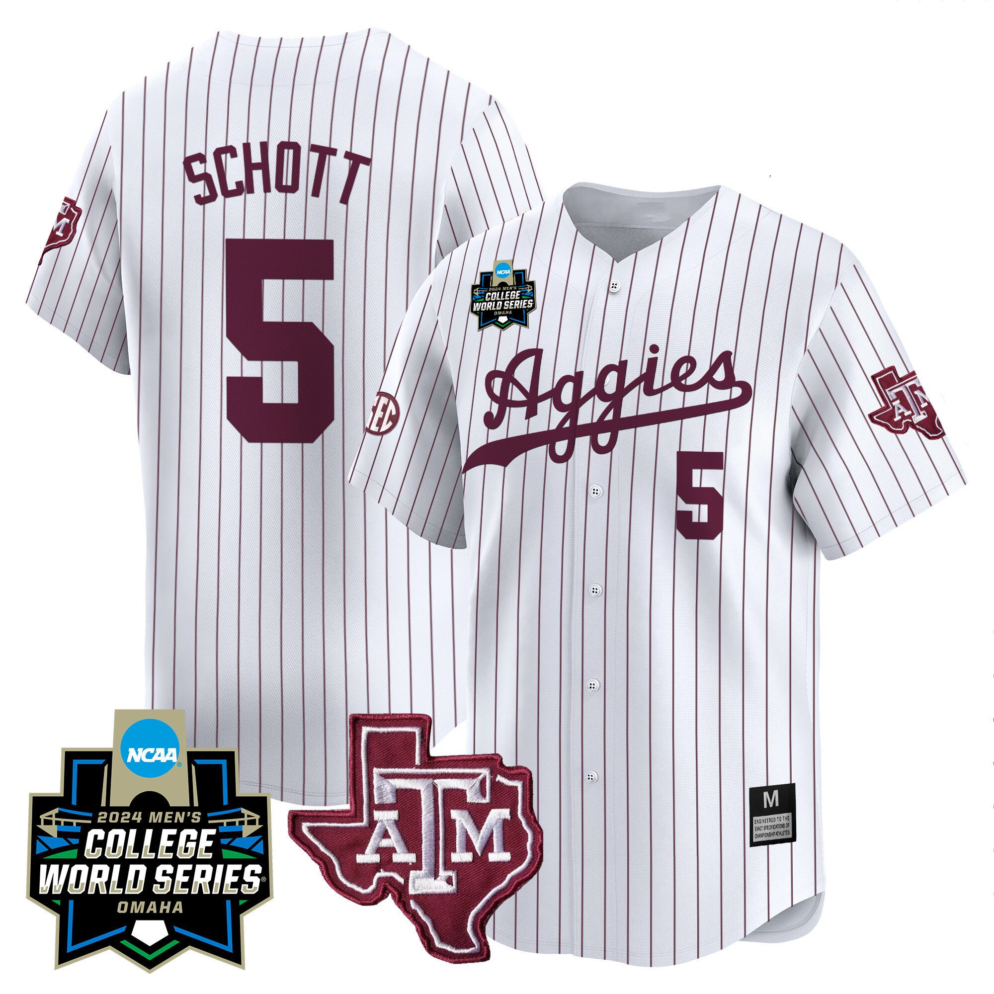 Men Texas A&M Aggies #5 Schott White Stripe 2024 College World Series Vapor Premier Limited NCAA Jersey